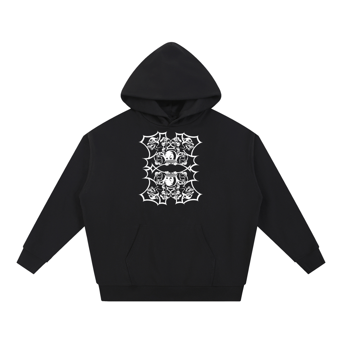 A black pullover hoodie with a white graphic print on the chest featuring stacked skulls inside a gothic spiderweb design, displayed on a solid white background.