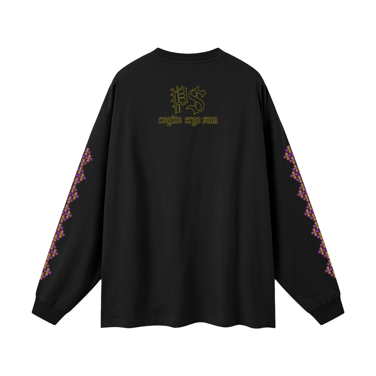 black longsleeve with colorful grapics along the sides of the shirt