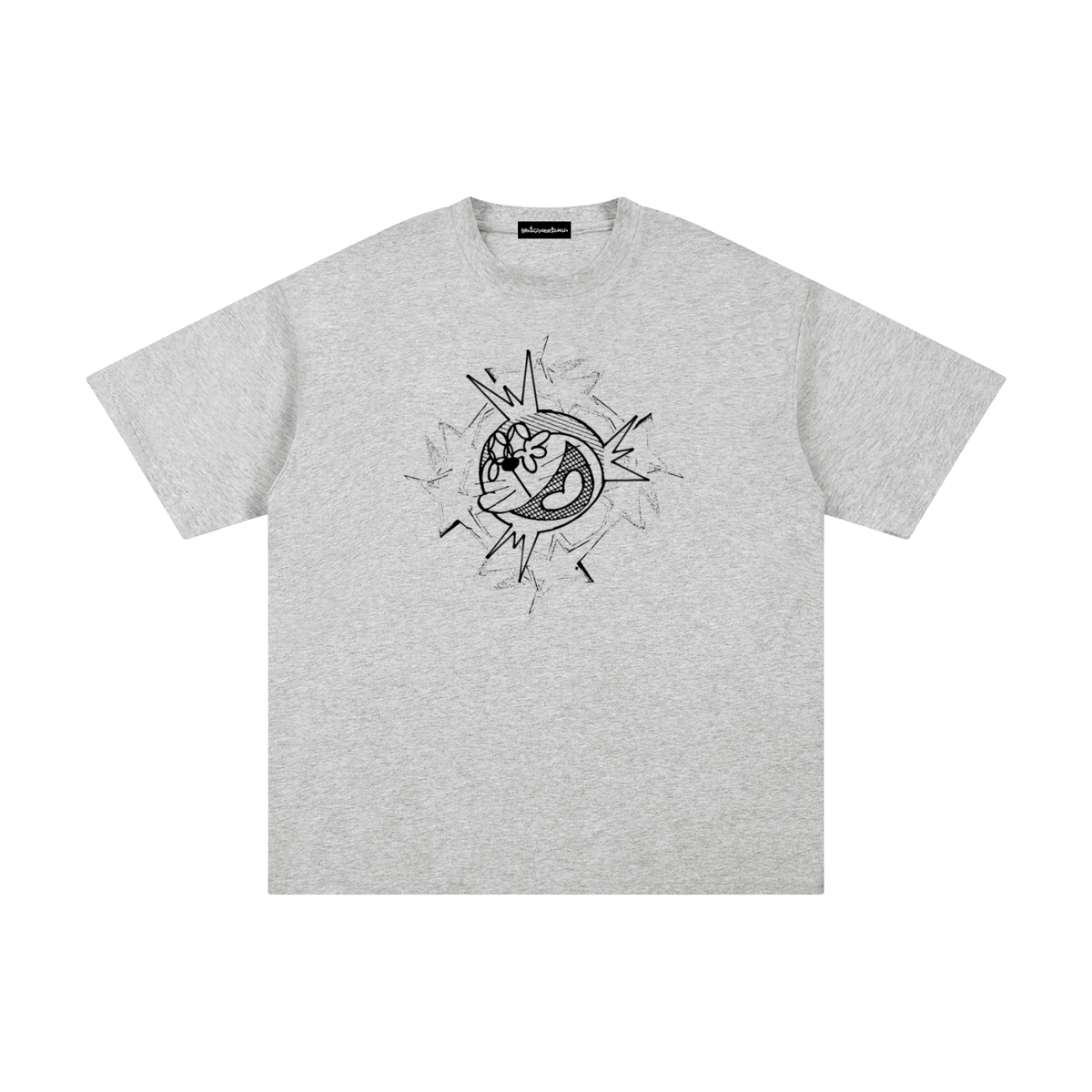 A light heather gray short-sleeve t-shirt with a black graphic print of a stylized cartoon character inside a circular frame on the chest, displayed flat against a white background.