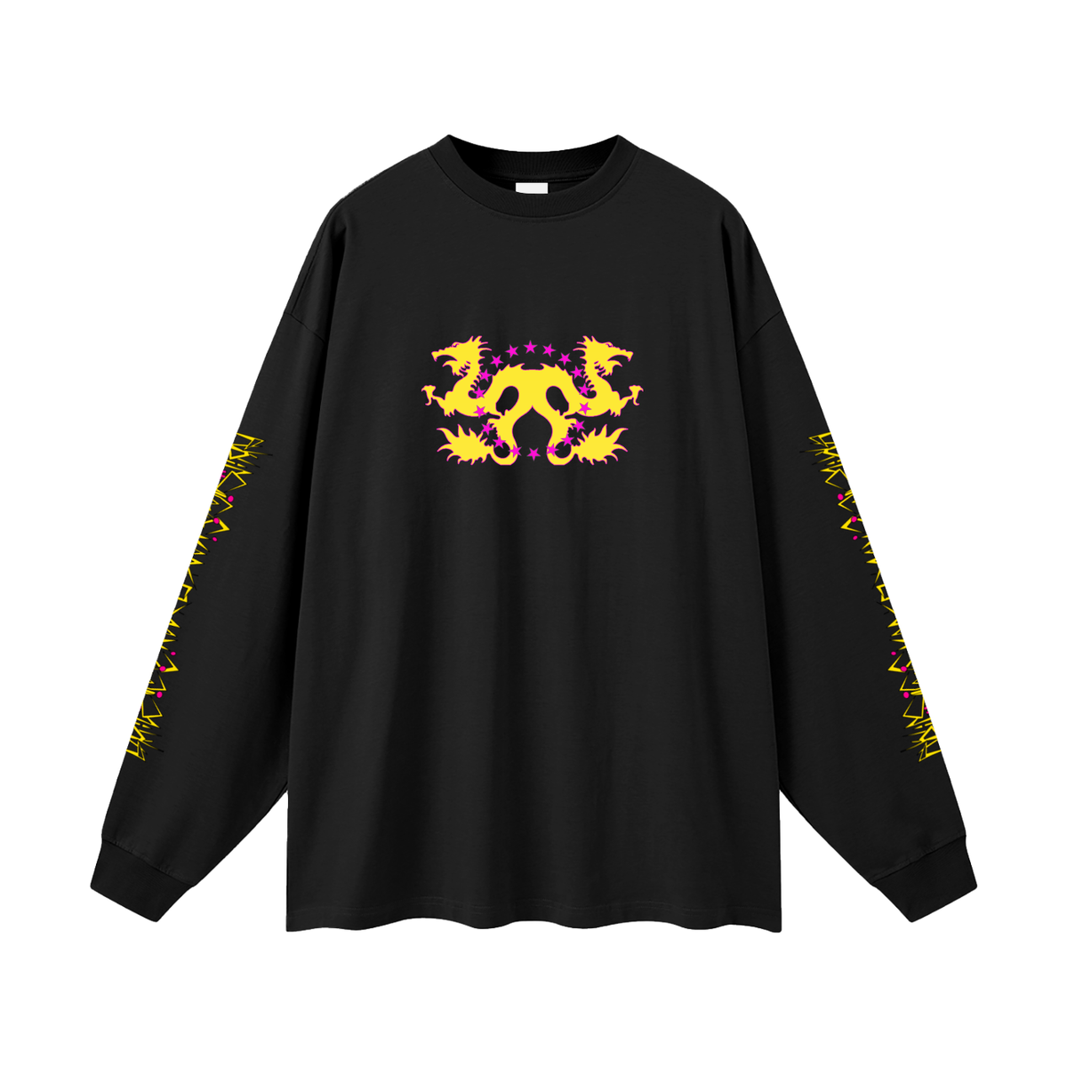 lack longsleeve hoodie with yellow and pink graphic, stars surrounding yellow dragons
