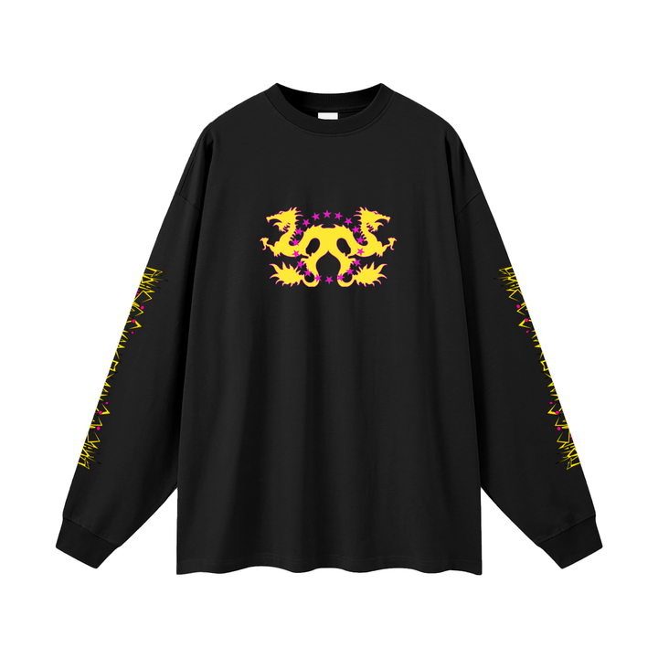 lack longsleeve hoodie with yellow and pink graphic, stars surrounding yellow dragons