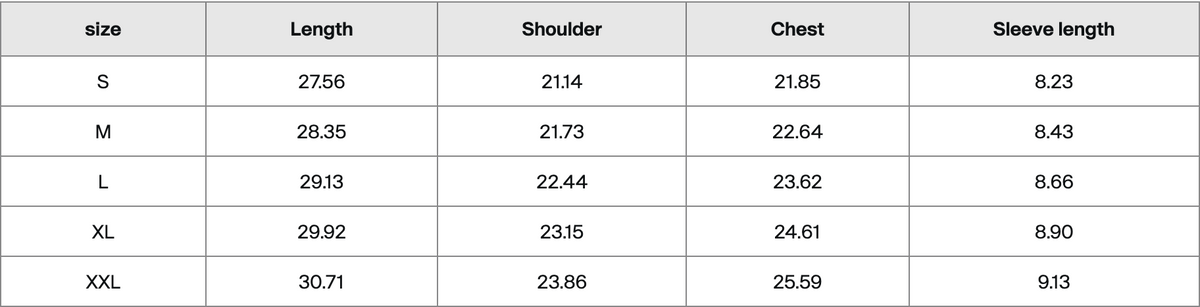 A size chart table showing measurements for sizes S through XXL, with columns for size, length, shoulder, chest, and sleeve length.