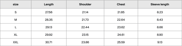 A size chart table showing measurements for sizes S through XXL, with columns for size, length, shoulder, chest, and sleeve length.